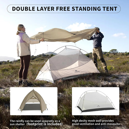 Naturehike 2 Person Tent Lightweight Backpacking Tent with Footprint - Free Standing Ultralight Camping Hiking Backpack Tents, 7.22×5.25ft, Sand