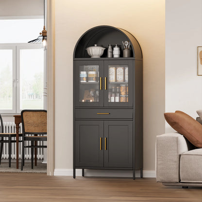 SUPEER Metal Arched Storage Display Cabinet with Glass Doors and Adjustable Shelves, Lockable Cabinet, Assembly Required, Black