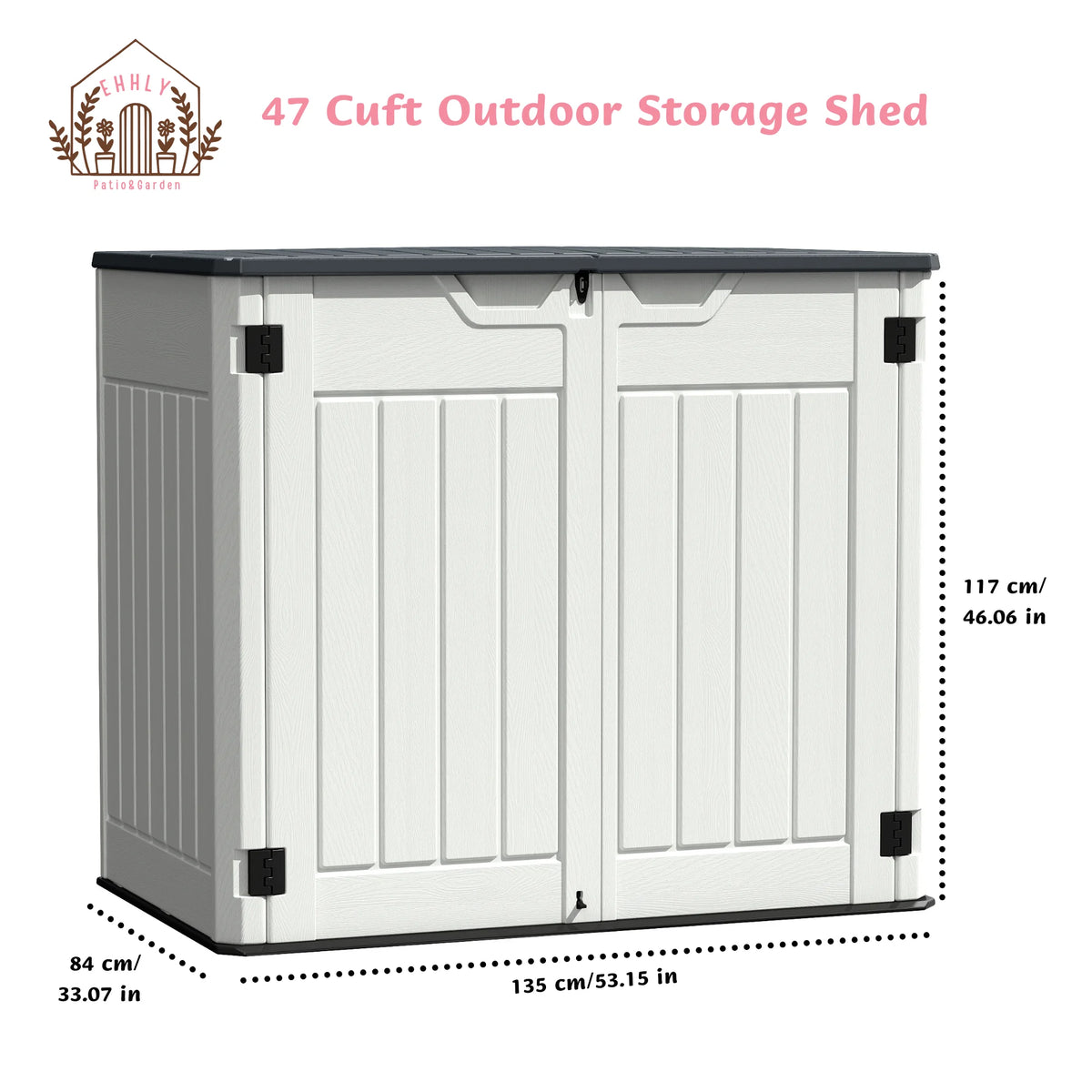 EHHLY Horizontal Resin Storage Shed, 47 Cuft Garden Tool Sheds & Outdoor Storage, Outdoor Plastic Storage Cabinet Waterproof, 4.5 x 2.8 ft Backyard Outside Lawn Mower Storage Shed, Vanilla
