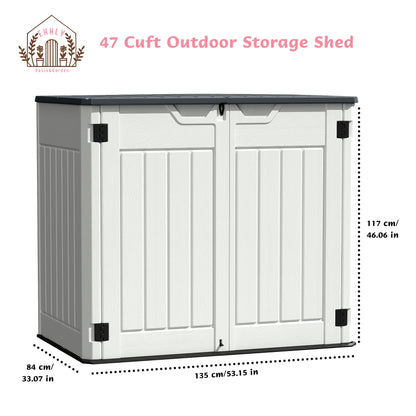 EHHLY Horizontal Resin Storage Shed, 47 Cuft Garden Tool Sheds & Outdoor Storage, Outdoor Plastic Storage Cabinet Waterproof, 4.5 x 2.8 ft Backyard Outside Lawn Mower Storage Shed, Vanilla