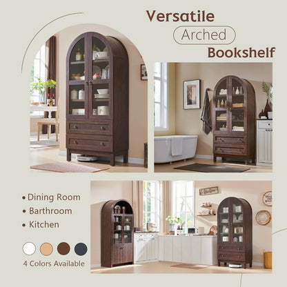 IFGET 71-Inch Arched 4-Tier Bookcase with Glass Doors and Drawers