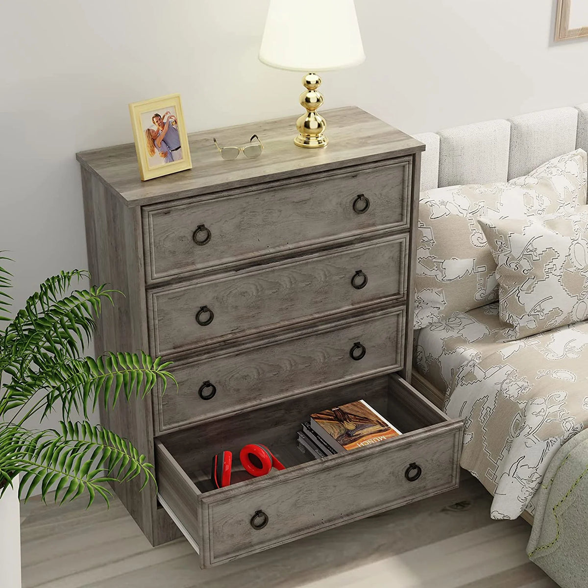 LGHM 4 Drawer Dresser, Modern Wood Chest Dresser for Bedroom Livingroom Gray