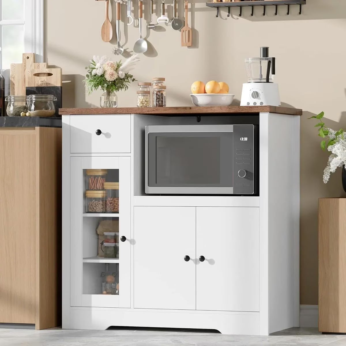 Kitchen Microwave Cabinet with Storage,Buffet Sideboard with 3 Doors, 1 Drawer & Adjustable Shelves, Pantry Storage Cabinet, White