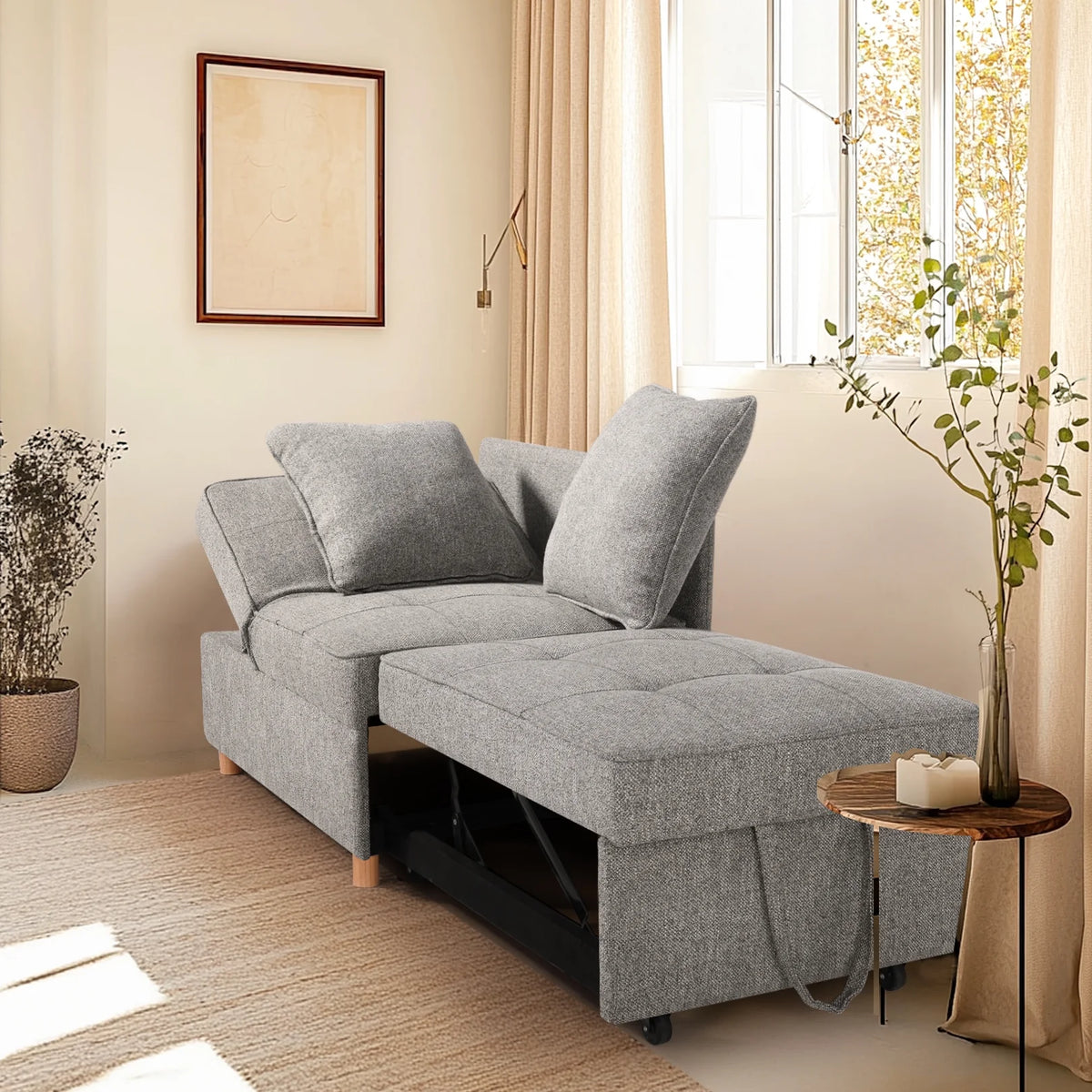 SEJOV 4-in-1 Convertible Sleeper Chair Bed, Linen Sofa Bed for Small Space, Futon Sofa with 2 Throw Pillows for Living Room, Single Recliner with 5 Adjustable Backrest for Bedroom Apartment, Brown