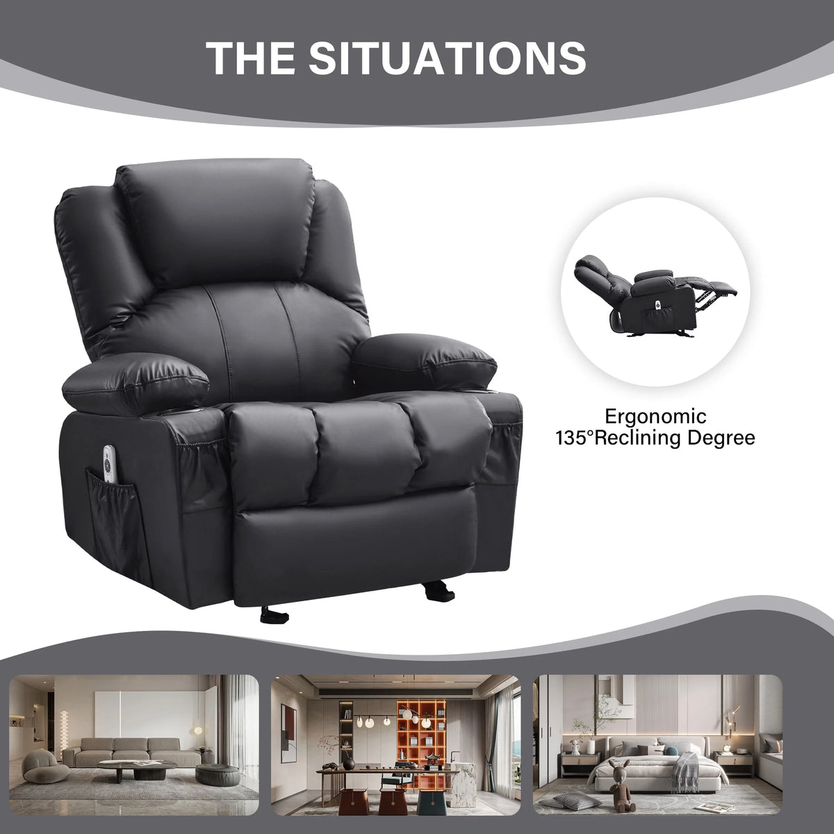 JONPONY Manual Recliner Chair with Heat Therapy and Massage Function, Heavy Duty Reclining Mechanism Massage Chair, Elderly Single Rocker Sofa with Cup Holders for Bedroom Home Theater,Black