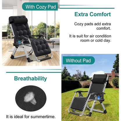 Docred Zero Gravity Chair , Lawn Recliner Folding Chaise Lounge with Removeable Pad Soft Cushion, Headrest and Cup Holder, Camping chairs Patio Fold Lounger Chair