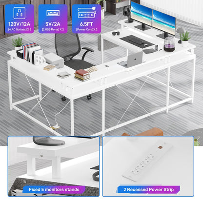 Yesfashion U Shaped Computer Gaming Desk, Reversible L Shaped Desk with Power Outlets, LED Strip & Monitor Stand, Large Corner Desk with Storage Shelves