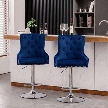 Alexent  2PCS Swivel Bar Stools, High Back, Button Tufted, Silver Footrest and Nailhead Trim Swivel Bar Chairs for Kitchen, Bar Velvet Upholstered Bar Stools, Dark Blue