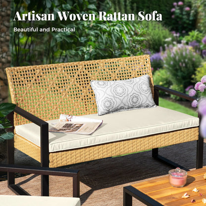 MF Studio 4-Piece All-Weather Rattan Patio Furniture Set, Outdoor Conversation Set with Wood Table, Brown and Beige