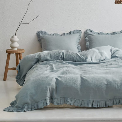 Simple&Opulence 100% Washed Linen Duvet Cover Set-3 Pieces Shabby Chic Premium Ruffled Bedding with 1 Comforter Cover and 2 Pillowshams France Flax High End Frill Sets Vintage Style(King, White)