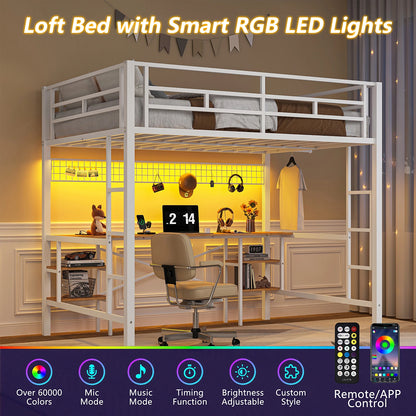 Twin Loft Bed with Desk, UHOMEPRO Metal Loft Bed with LED Lights, Charge Station, DIY Mesh, Clothes Rail, 4 Storage Shelves, Safety Rails and 2 Ladders, Loft Bed for Teen Adult, Black