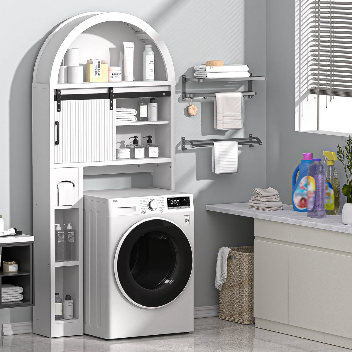 HARIPUL Over The Toilet Storage Cabinet w/ Unique Wood Grain & Arc Design, Freestanding Bathroom Shelf Organizer Space Saver w/ Doors & Anti-Tip Device, Wood Color