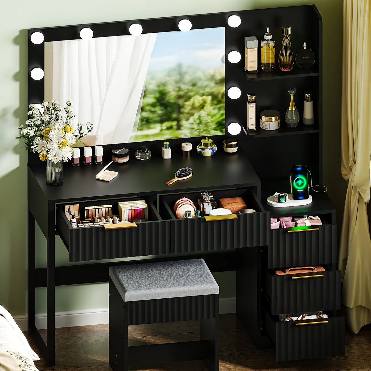 Ktaxon Flutted Makeup Vanity Table Set with 5 Drawer, Dressing Table w/Charging Station, Vanity Desk for Femal Gift, White