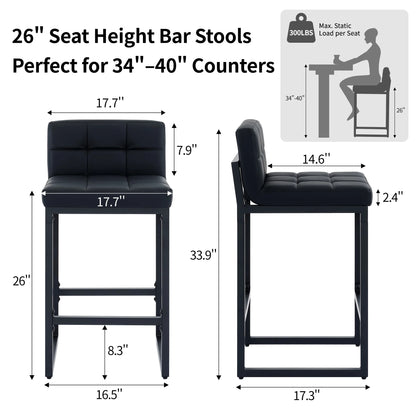 FIRAVOE Bar Stools Set of 3, Counter Height Bar Stools (Low Back)(Thickened Frame) 26" PU Leather Barstools Bar Chairs for Kitchen Island, Black