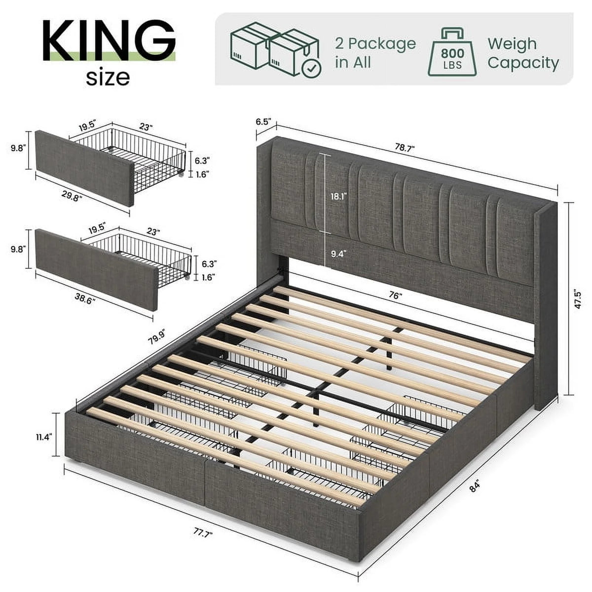 LARMACE King Size Upholstered Bed Frame with 4 Storage Drawers and Vertical Channel Tufted Headboard Linen Platform Bed Frame Wingback Beds with Wooden Slats Support, Beige