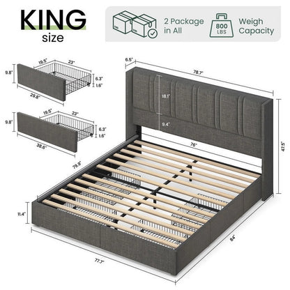 LARMACE King Size Upholstered Bed Frame with 4 Storage Drawers and Vertical Channel Tufted Headboard Linen Platform Bed Frame Wingback Beds with Wooden Slats Support, Beige