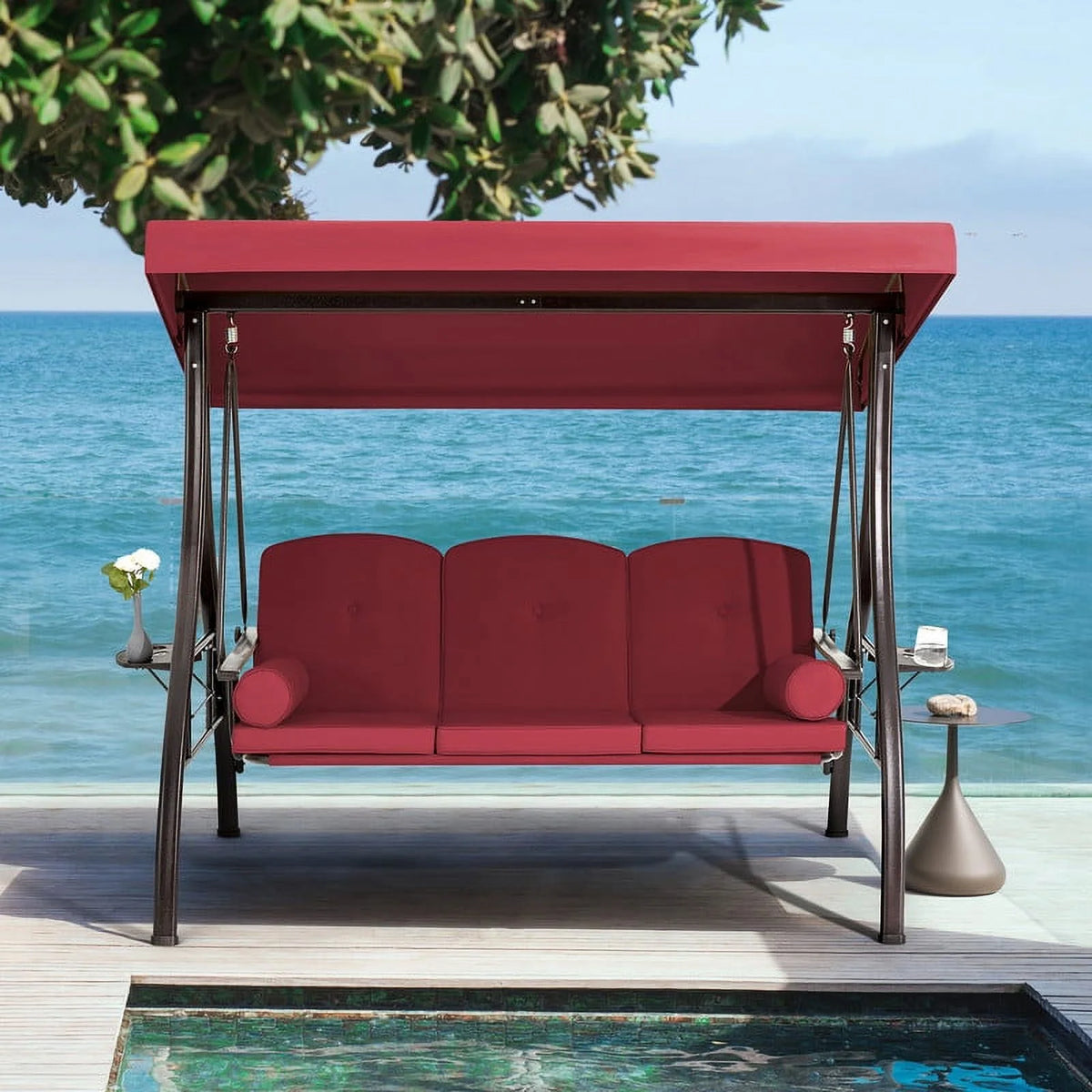 Homrest 3 Person Patio Outdoor Porch Swing with Adjustable Canopy, Backrest, Swing Bed with Stand for Garden,Deck