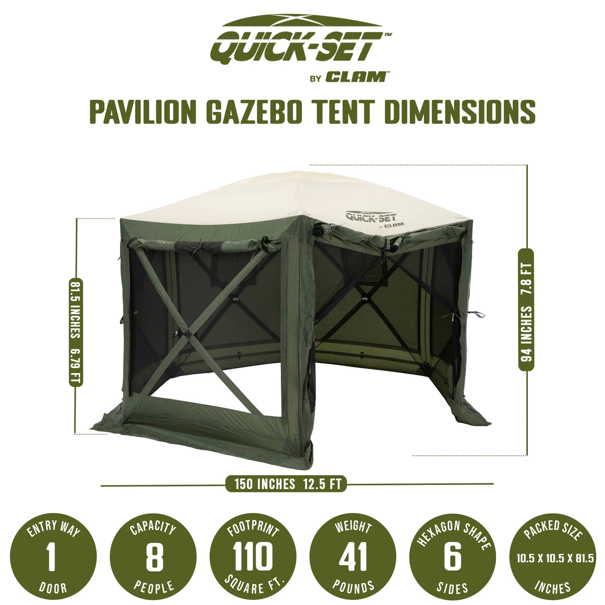 CLAM Quick-Set Pavilion 12.5 x 12.5' Portable Outdoor Canopy Shelter, Green