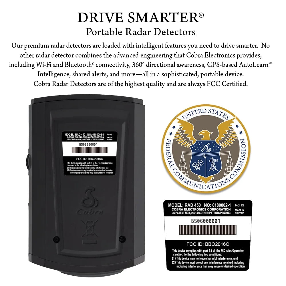 Cobra RAD 450 Laser Radar Detector - Long Range, False Alert Filter, Voice Alert & OLED Display, Black, 0180002-2 (New)