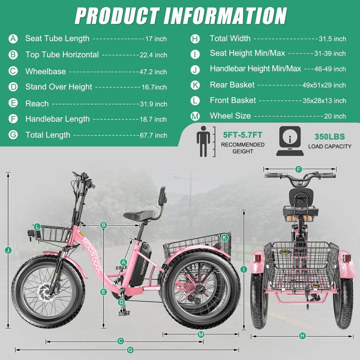 20" x 4" Fat Tire Electric Tricycle for Adult, 7 Speeds Electric Trike 48V 500W Motorized Tricycle , Electric Three Wheels Bicycle for Senior, Aluminum Frame & Rear Basket ,16mph
