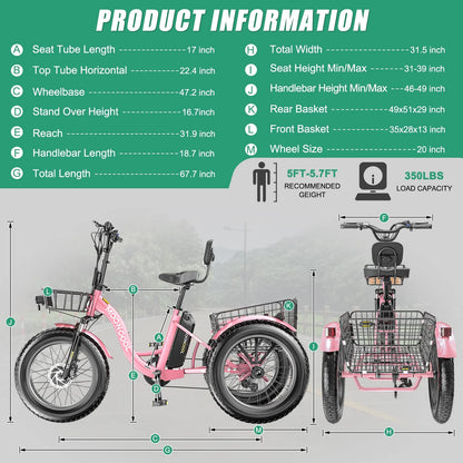 20" x 4" Fat Tire Electric Tricycle for Adult, 7 Speeds Electric Trike 48V 500W Motorized Tricycle , Electric Three Wheels Bicycle for Senior, Aluminum Frame & Rear Basket ,16mph