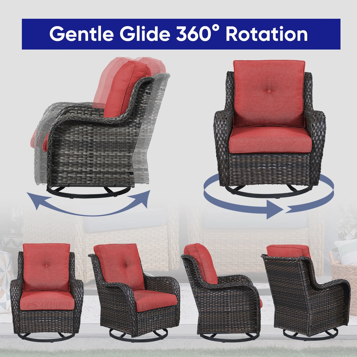 POCASSY 3 Piece Patio Set Outdoor Wicker Glider Rocking and Swivel Chairs with Cushions