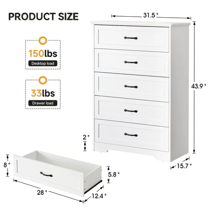 Luku Modern 5 Drawers Dresser, Chest of Drawers Closet Organizers and Storage Clothes, White