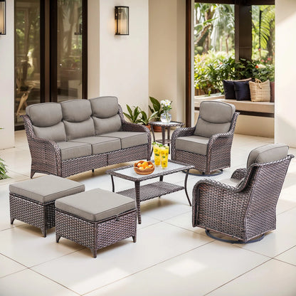Bellefurn Luxury Outdoor Patio Furniture Set,Swivel Rocker Patio Chairs with 6-inch Thick Cushion,Patio Sofa and Glass Coffee Table,Outdoor Conversation Set for Porch, Deck, Yard