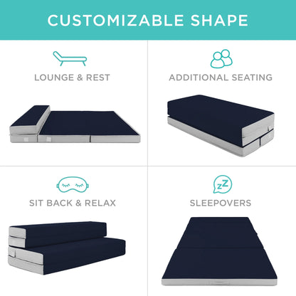 Best Choice Products 4in Thick Folding Portable Twin Tri-Fold Mattress w/ Carry Case, Washable Cover - Midnight Blue