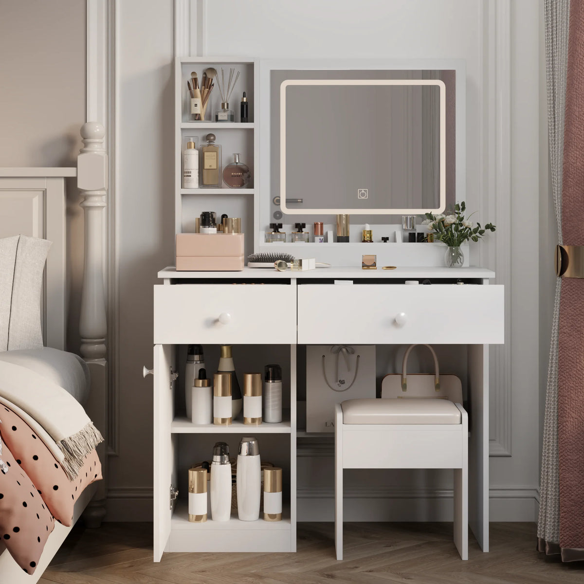 Montary Modern Mini Vanity w/Adjustable LED Mirror + Hidden Storage, Padded Stool & Dustproof Shelves (White)