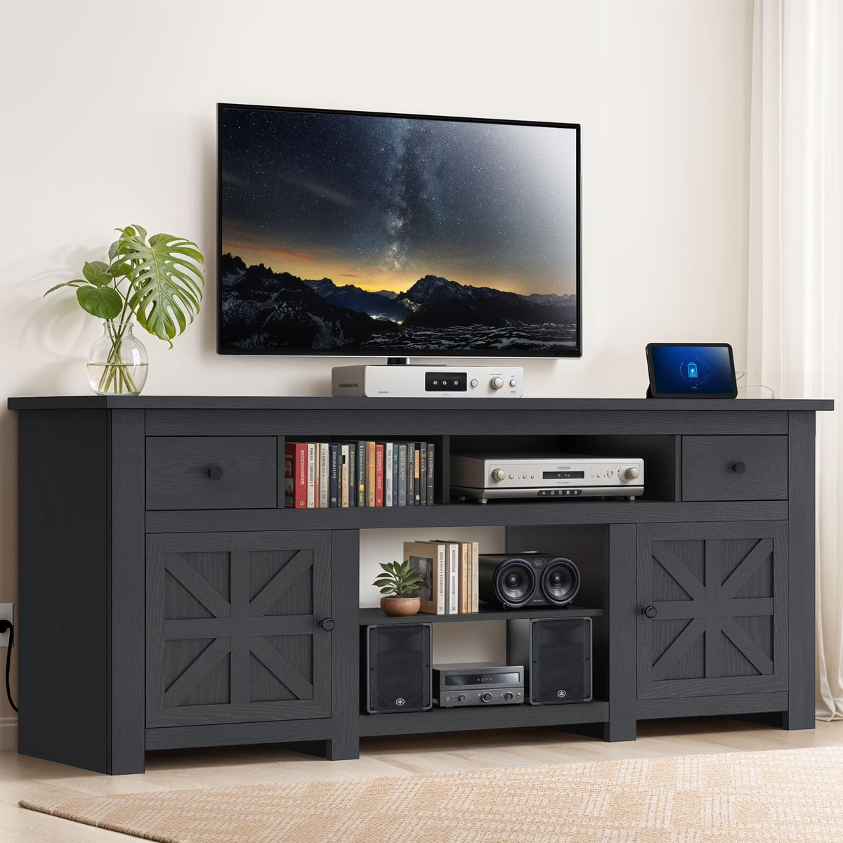 Dextrus Country-style Media Console, TV Cabinet with Built-in Power Socket for Screens up to 80'', Television Stand with Adjustable Divider & Drawer Storage, Vintage TV Unit for Lounge, White
