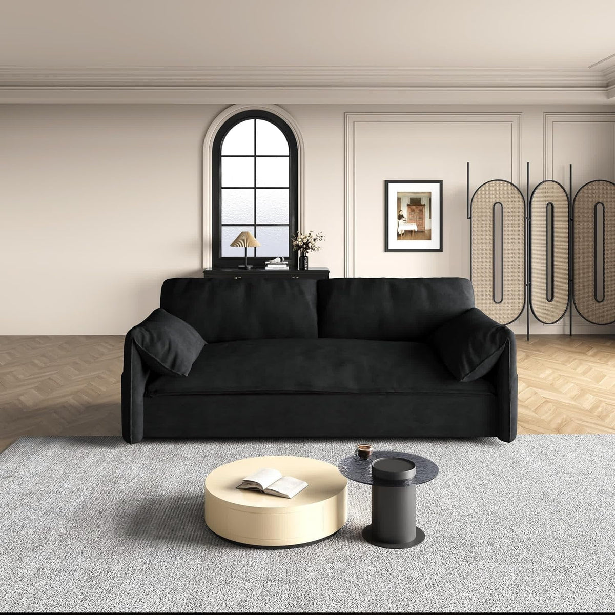 Tabaray 63.8" Futon Sofa Bed Queen Size, Pull Out Bed, 3-in-1 Convertible Sleeper Sofa with Side Pocket, Modern Plush Velvet Futon Couch for Living Room, Small Space, Apartment, Bedroom, Black