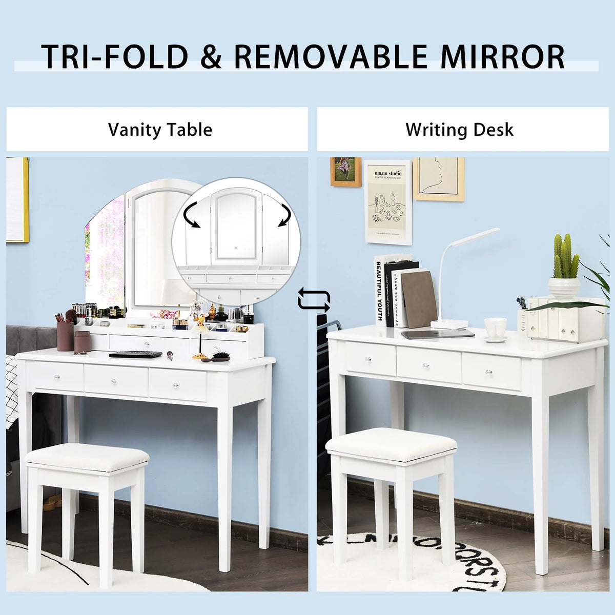 Costway Vanity Table Stool Set Large Tri-folding Lighted Mirror 6 Drawer Dresser White