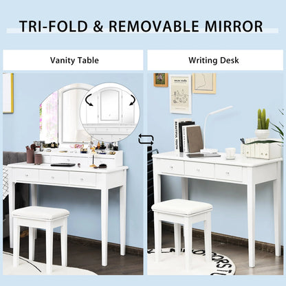 Costway Vanity Table Stool Set Large Tri-folding Lighted Mirror 6 Drawer Dresser White