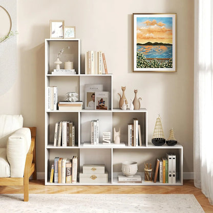 JTYUB 4-Tier Stepped Bookshelf, Freestanding 6 Cubes Ladder Bookcase with Anti-Tipping Kits, 64" Tall Modern Wooden Storage Display Rack for Home Office Living Room Study ,1 PCS,Natural