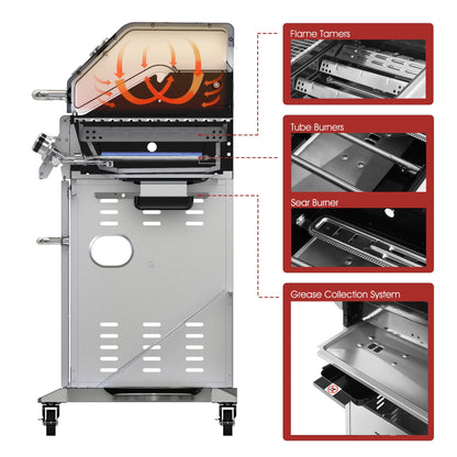 Gourmet GA6402S Stainless Steel Gas Grill, Premier 6-Burner BBQ Grill with Sear Burner and Side Burner, 74,000 BTU, Cabinet Style, Outdoor Party Grill, Silver
