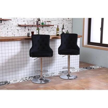 Alexent  2PCS Swivel Bar Stools, High Back, Button Tufted, Silver Footrest and Nailhead Trim Swivel Bar Chairs for Kitchen, Bar Velvet Upholstered Bar Stools, Dark Blue