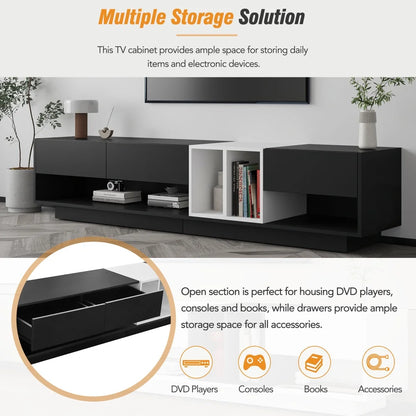Modern TV Stand for 80 Inch TV, ON-TREND Sleek Two-Tone Media Console, Functional Storage Cabinet with Open & Hidden Compartments, Particle Board, Living Room Furniture, White
