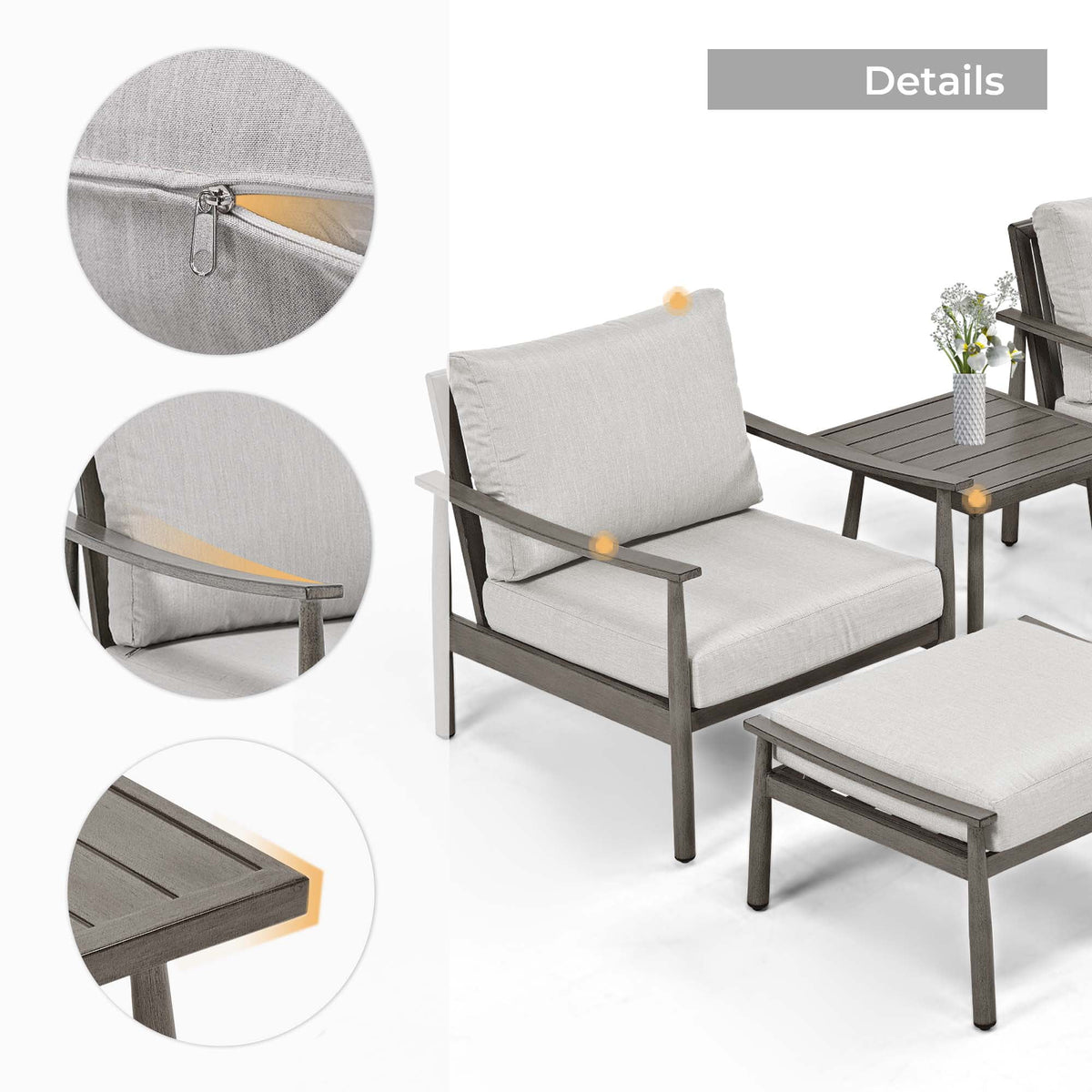 HAPPATIO Aluminum Outdoor Furniture Set - 5 Pieces Patio Furniture Set Includes 1 Side Table, 2 Swivel Chairs and 2 Ottomans with Thick Cushion, Patio Conversation Set for Backyard Poolside (Grey)
