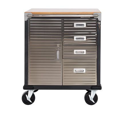 Seville Classics UltraHD® Heavy Duty Rolling Cabinet Workbench Table w/ Solid Wood Top, Workstation for Garage, Office, Workshop, Granite, 1-Door, 4-Drawer (28" W x 25" D)