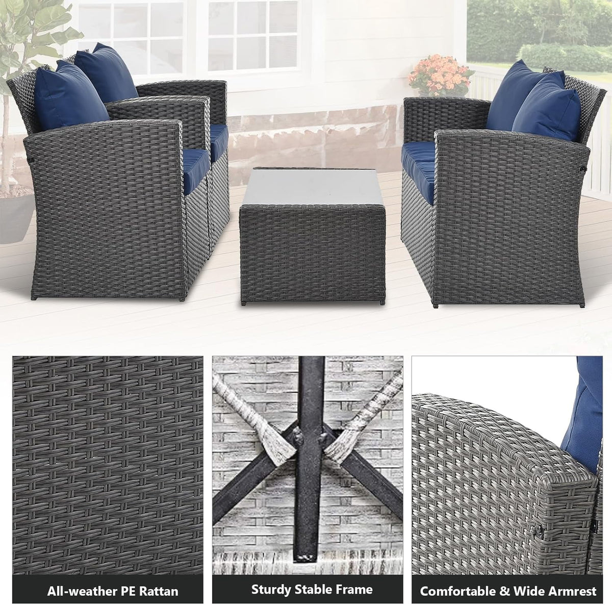 HighSound 4 Piece Patio Furniture Set, Outdoor Wicker Patio Sectional Sofa, All Weather PE Rattan Outdoor Sectional with Cushions & Coffee Table, Dark Gray