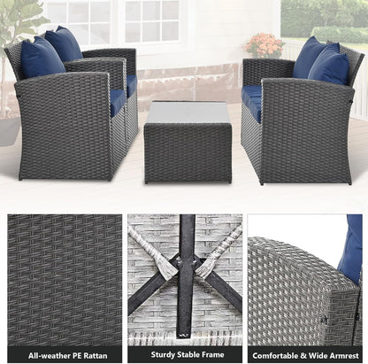 HighSound 4 Piece Patio Furniture Set, Outdoor Wicker Patio Sectional Sofa, All Weather PE Rattan Outdoor Sectional with Cushions & Coffee Table, Dark Gray