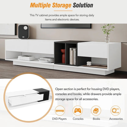 Modern TV Stand for 80 Inch TV, ON-TREND Sleek Two-Tone Media Console, Functional Storage Cabinet with Open & Hidden Compartments, Particle Board, Living Room Furniture, White