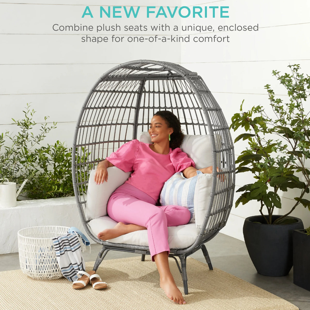 Best Choice Products Wicker Egg Chair Oversized Indoor Outdoor Patio Lounger w/ Steel Frame, 440lb Capacity - Black