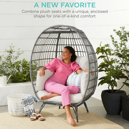 Best Choice Products Wicker Egg Chair Oversized Indoor Outdoor Patio Lounger w/ Steel Frame, 440lb Capacity - Black