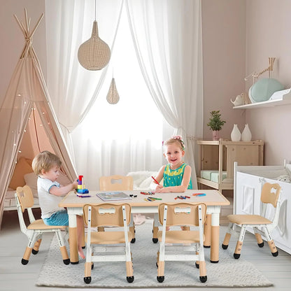 Arlopu Adjustable Kids Table and 6 Chairs Set, Toddler Play Activity Table Set with Graffiti Tabletop, Preschool Kids Furniture Table Set for Reading, Drawing, Eating