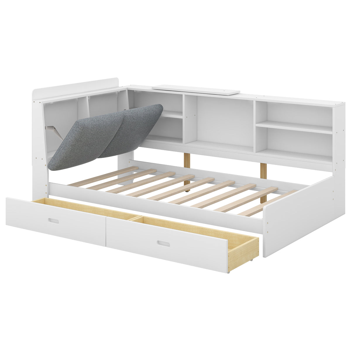 Euroco Wood Twin Size Platform Bed with Storage Headboard and Shelves, 2 Drawers Floor Bed for Kids, White