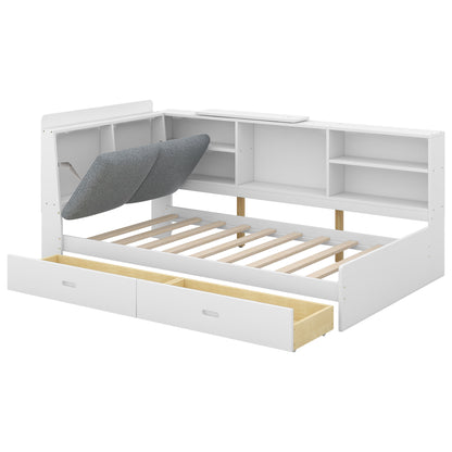 Euroco Wood Twin Size Platform Bed with Storage Headboard and Shelves, 2 Drawers Floor Bed for Kids, White