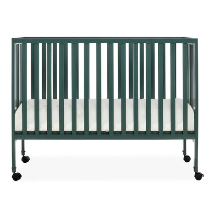 Dream On Me Quinn Full-Size Folding Crib. Removable Wheels. Modern Nursey. Adjustable Mattress Support. Patent Folding System in Olive