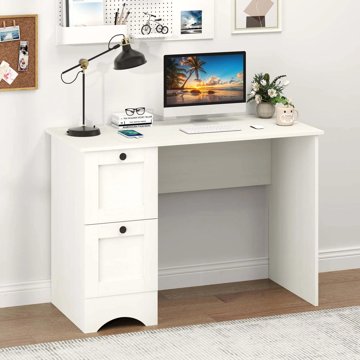 Costway 43" Home Office Desk with Charging Station Compact Study Writing Desk Walnut